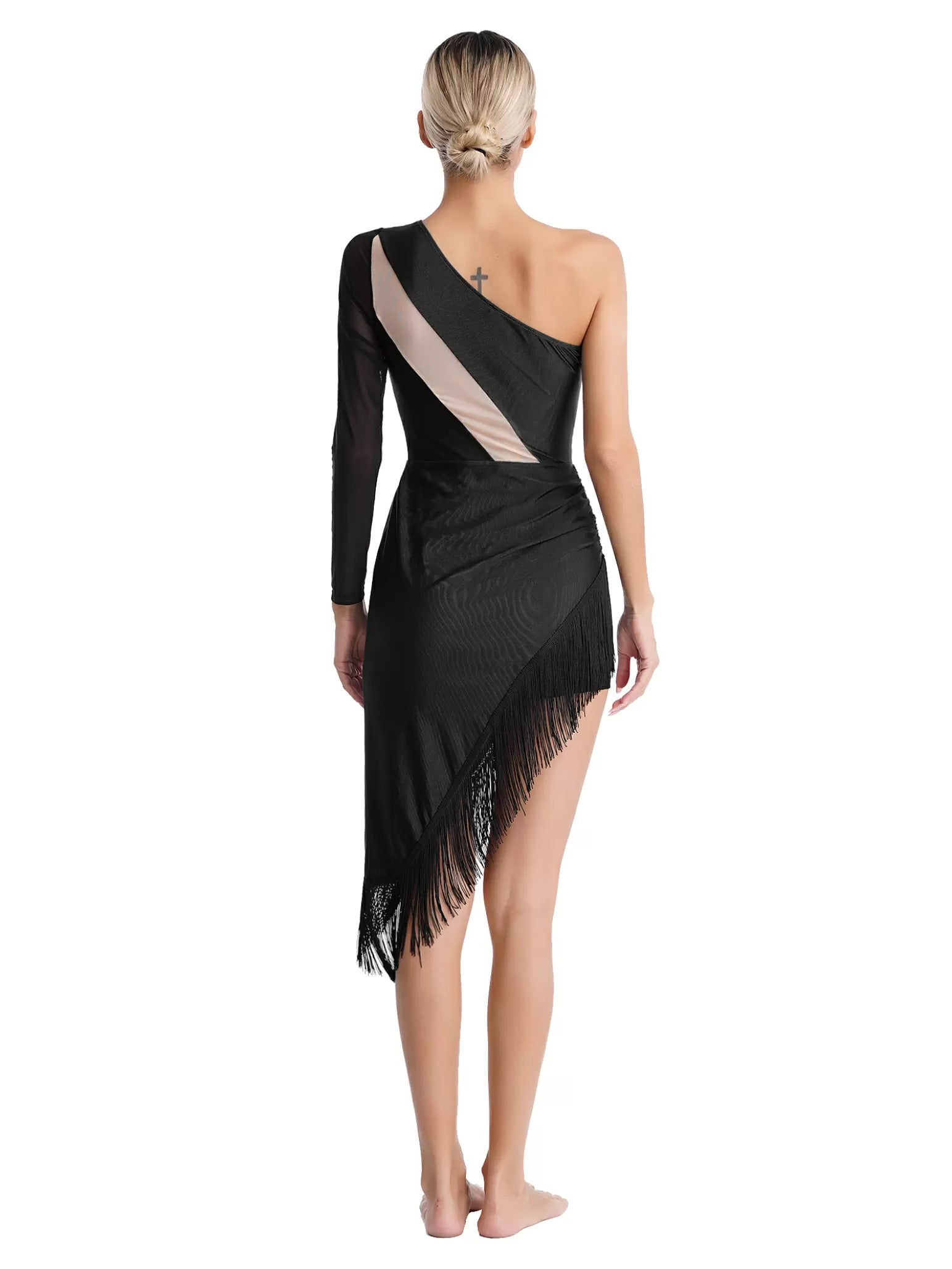 Women One Shoulder Asymmetrical Tassel Latin Dance Dress and Shorts