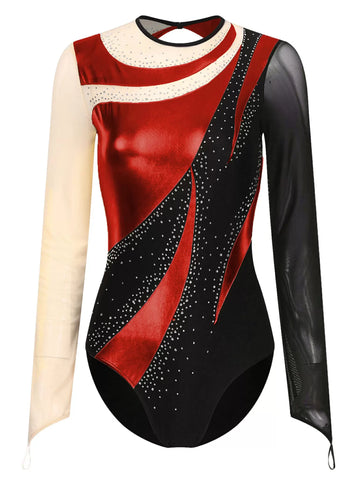 Women Long Sleeve Colorblock Shiny Rhinestones Gymnastic Leotard