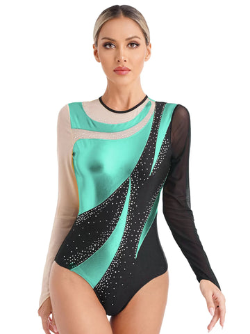 Women Long Sleeve Colorblock Shiny Rhinestones Gymnastic Leotard