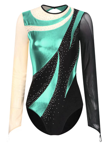 Women Long Sleeve Colorblock Shiny Rhinestones Gymnastic Leotard