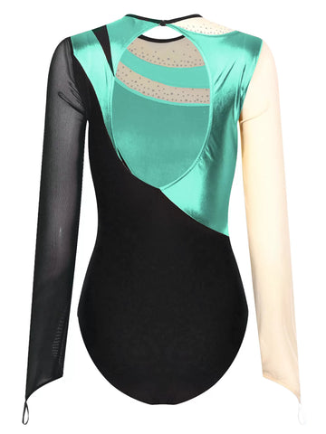 Women Long Sleeve Colorblock Shiny Rhinestones Gymnastic Leotard