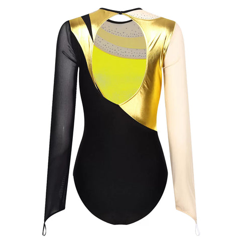 Women Long Sleeve Colorblock Shiny Rhinestones Gymnastic Leotard