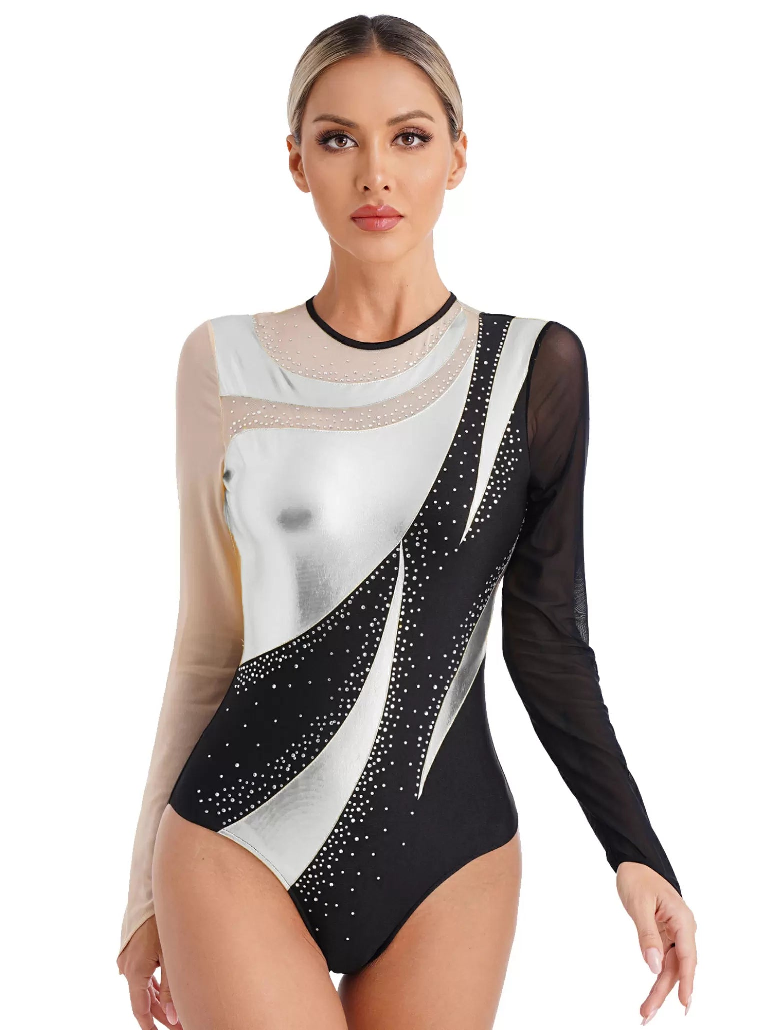 Women Long Sleeve Colorblock Shiny Rhinestones Gymnastic Leotard