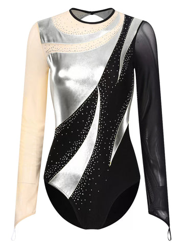 Women Long Sleeve Colorblock Shiny Rhinestones Gymnastic Leotard