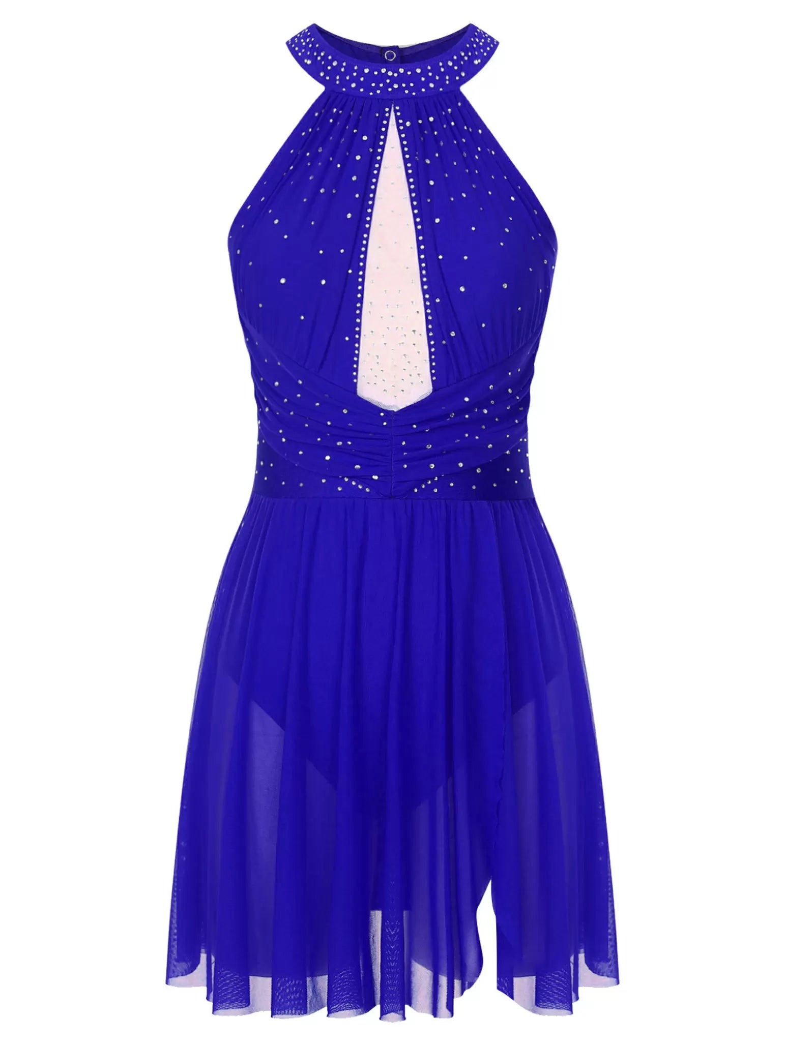 Women Sleeveless Halter Neck Rhinestones Backless Figure Skating Dress