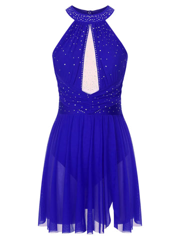 Women Sleeveless Halter Neck Rhinestones Backless Figure Skating Dress