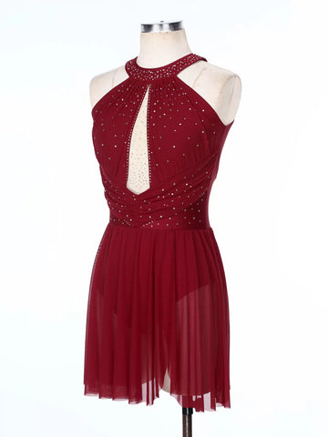 Women Sleeveless Halter Neck Rhinestones Backless Figure Skating Dress