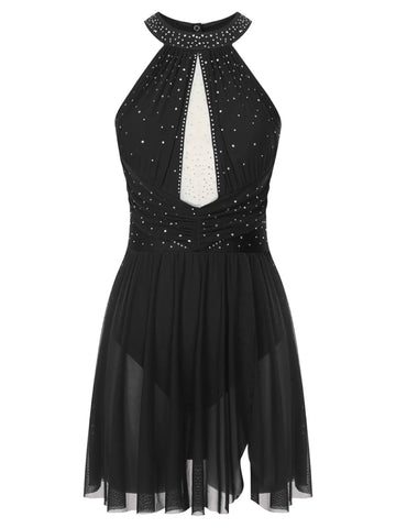 Women Sleeveless Halter Neck Rhinestones Backless Figure Skating Dress