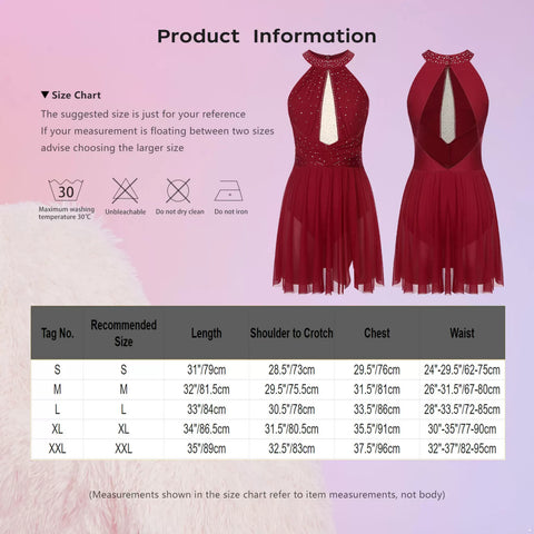 Women Sleeveless Halter Neck Rhinestones Backless Figure Skating Dress