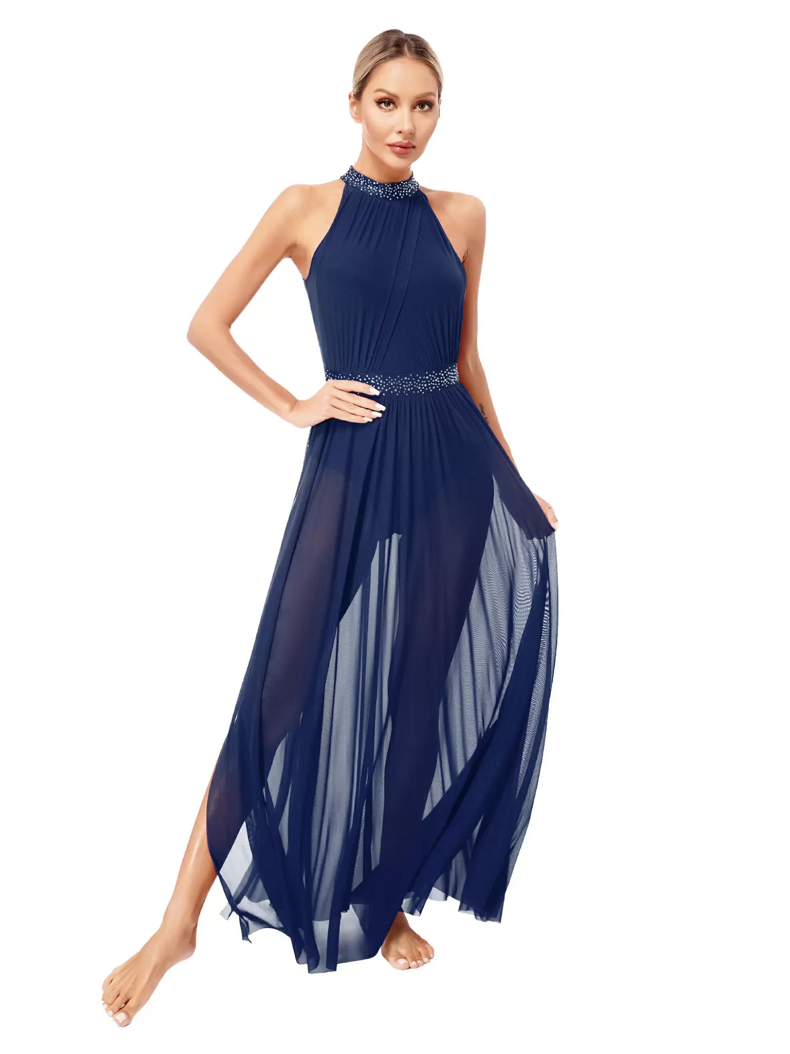 Women Halter Neck Side Slit Mesh Maxi Lyrical Dance Dress