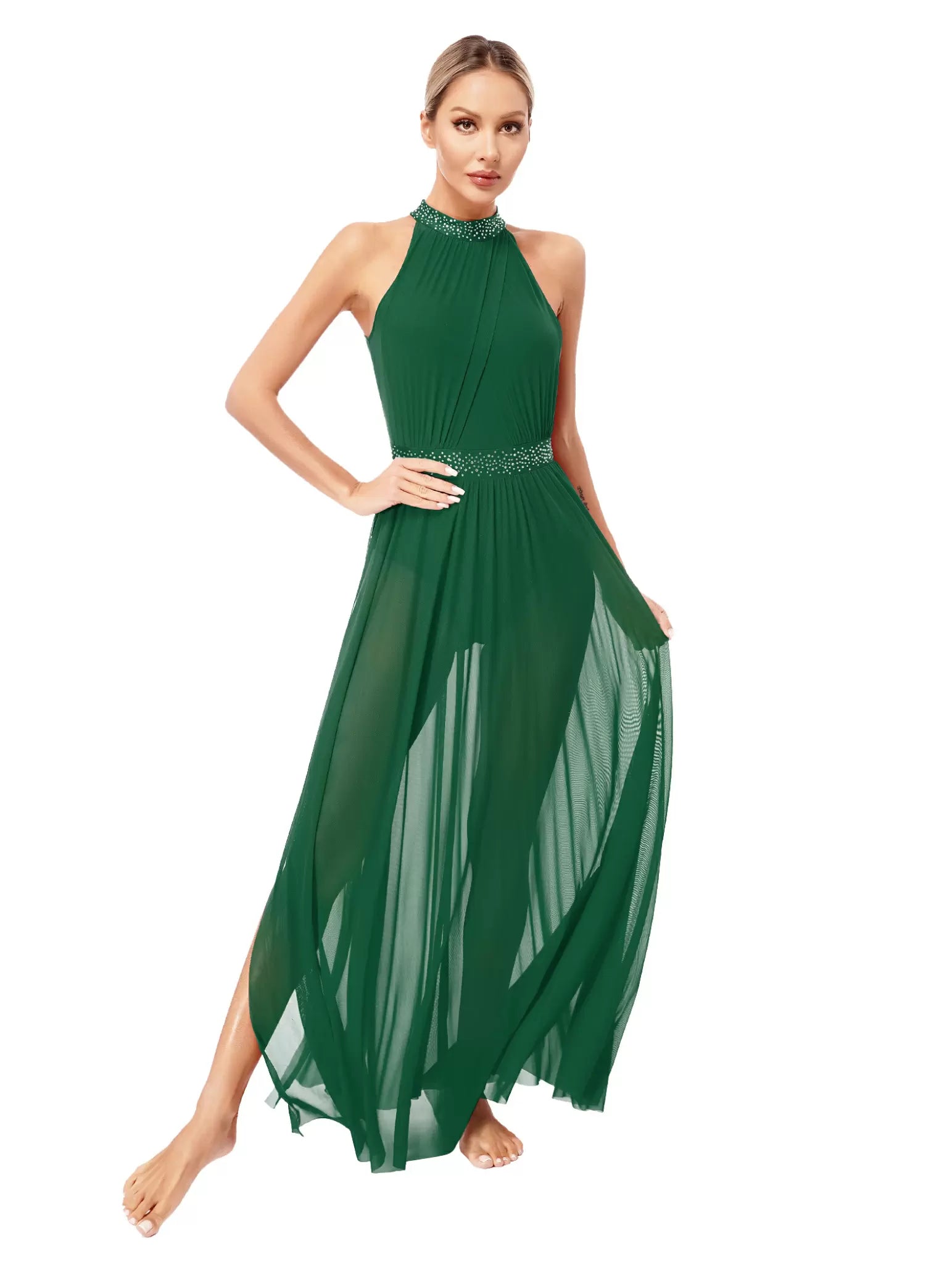 Women Halter Neck Side Slit Mesh Maxi Lyrical Dance Dress