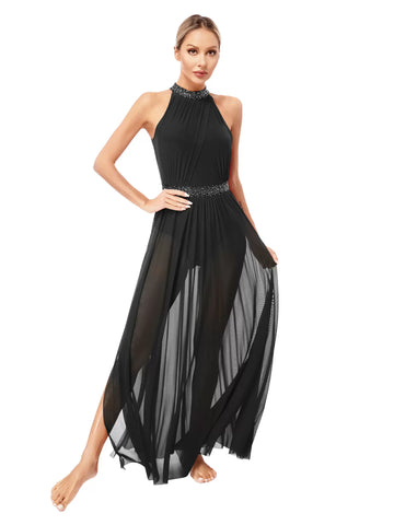 Women Halter Neck Side Slit Mesh Maxi Lyrical Dance Dress