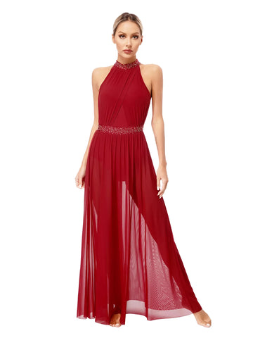 Women Halter Neck Side Slit Mesh Maxi Lyrical Dance Dress