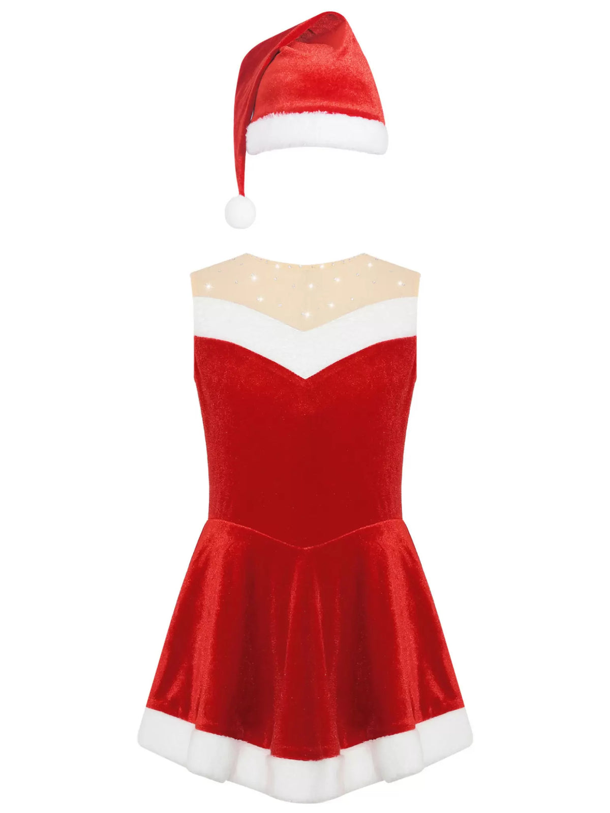 Kids Girls Christmas Sleeveless A-line Velvet Dress with Santa Hat