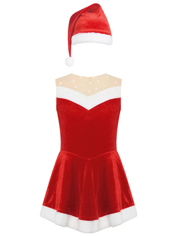 Kids Girls Christmas Sleeveless A-line Velvet Dress with Santa Hat