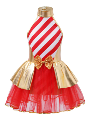 Kids Girls Sleeveless Halter Neck Metallic Stripe Christmas Tutu Dress