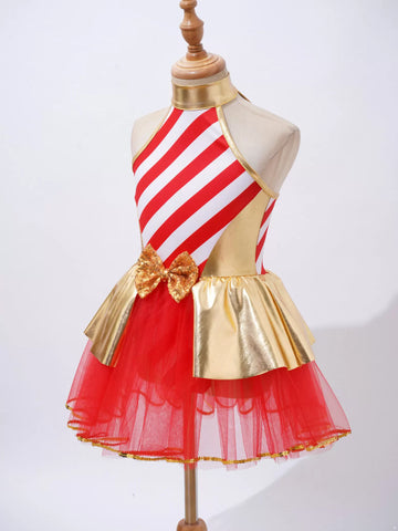 Kids Girls Sleeveless Halter Neck Metallic Stripe Christmas Tutu Dress