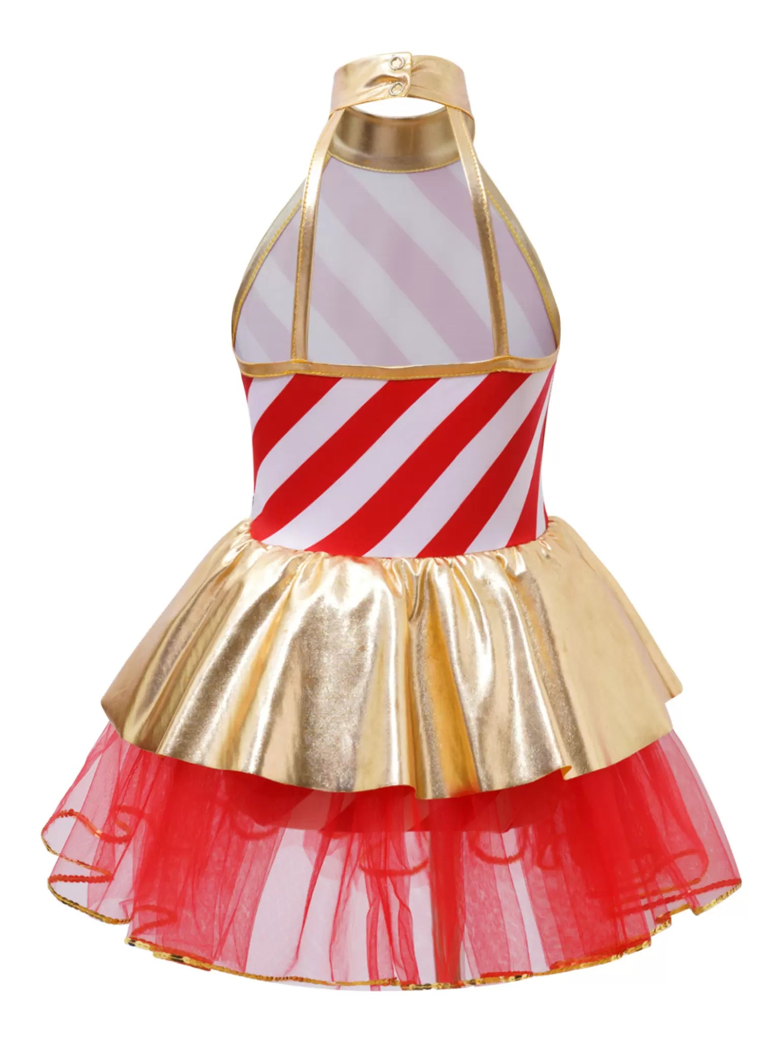 Kids Girls Sleeveless Halter Neck Metallic Stripe Christmas Tutu Dress