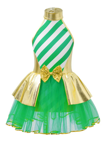 Kids Girls Sleeveless Halter Neck Metallic Stripe Christmas Tutu Dress