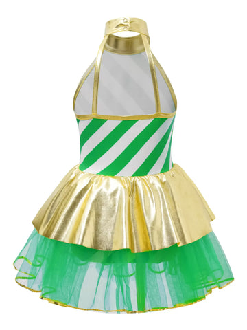 Kids Girls Sleeveless Halter Neck Metallic Stripe Christmas Tutu Dress