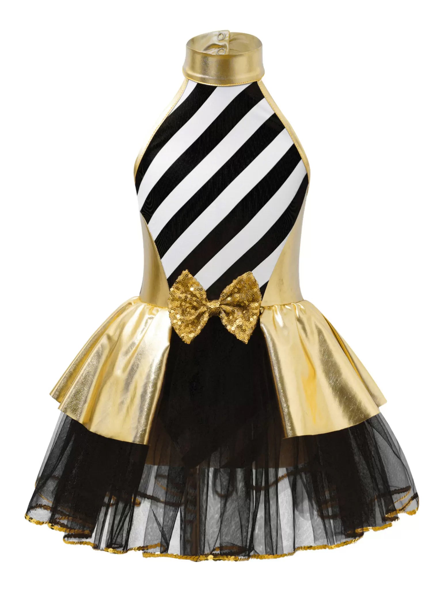 Kids Girls Sleeveless Halter Neck Metallic Stripe Christmas Tutu Dress