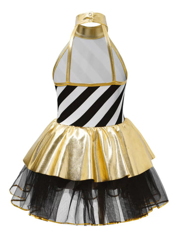 Kids Girls Sleeveless Halter Neck Metallic Stripe Christmas Tutu Dress