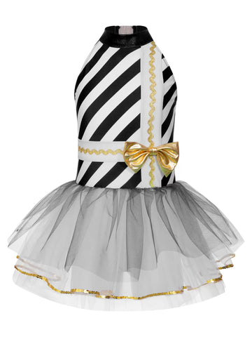 Kids Girls Christmas Sleeveless Halter Neck Bow Stripe Leotard Dress