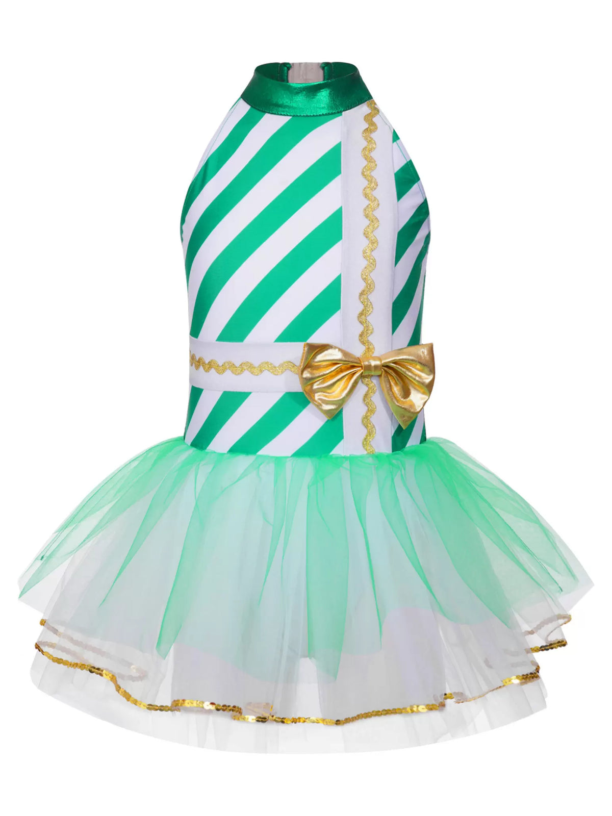 Kids Girls Christmas Sleeveless Halter Neck Bow Stripe Leotard Dress