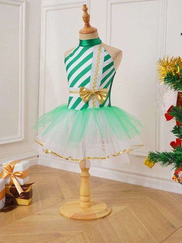 Kids Girls Christmas Sleeveless Halter Neck Bow Stripe Leotard Dress