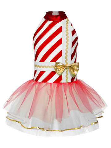 Kids Girls Christmas Sleeveless Halter Neck Bow Stripe Leotard Dress