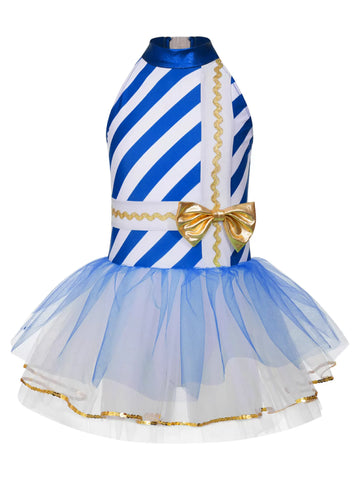 Kids Girls Christmas Sleeveless Halter Neck Bow Stripe Leotard Dress