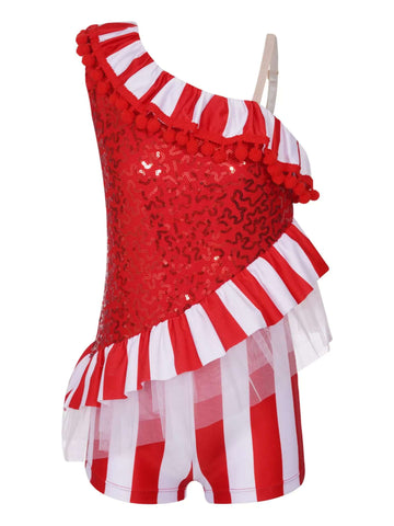 Kids Girls Christmas One Shoulder Pompom Ruffle Candy Cane Romper