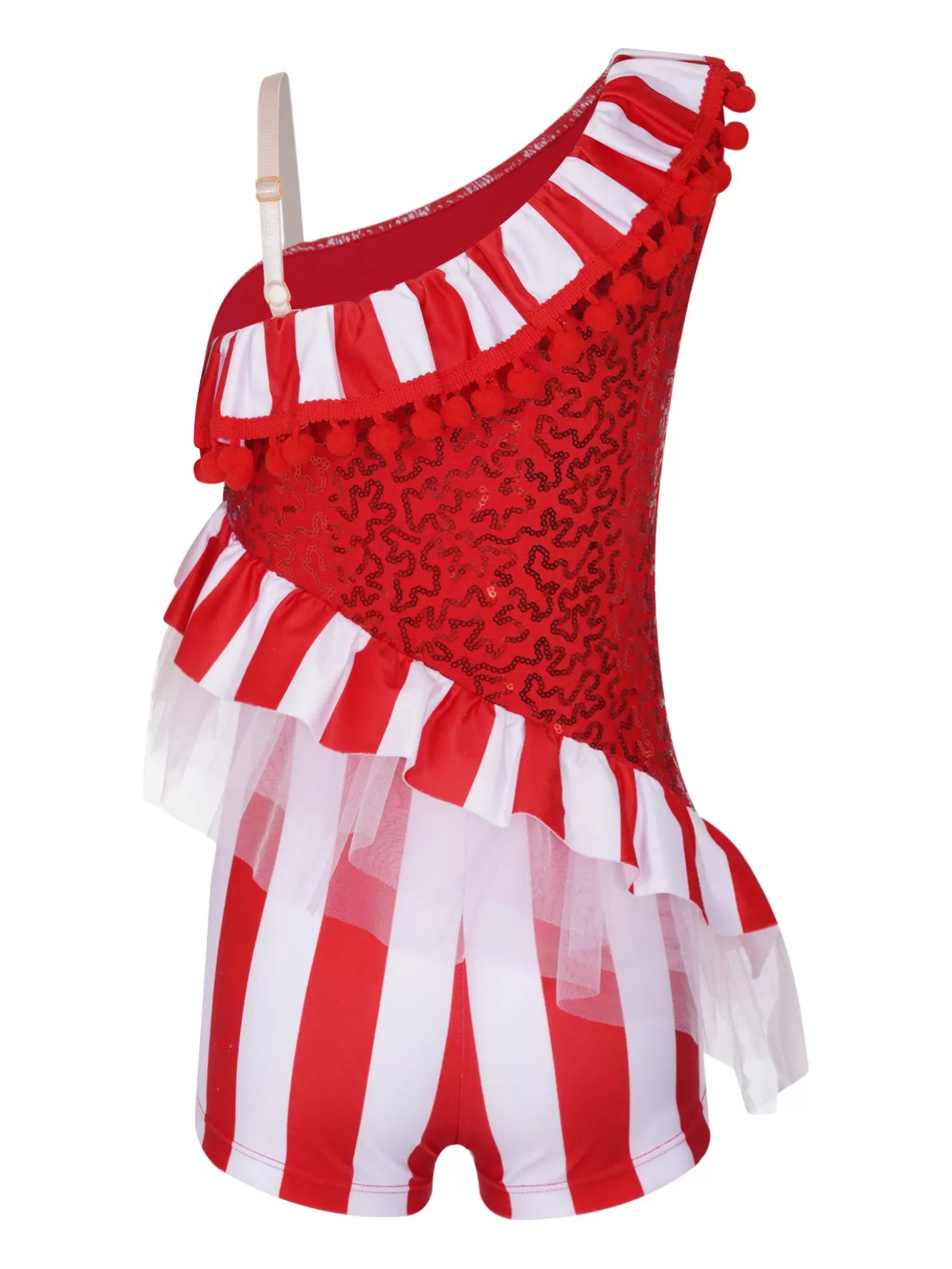 Kids Girls Christmas One Shoulder Pompom Ruffle Candy Cane Romper