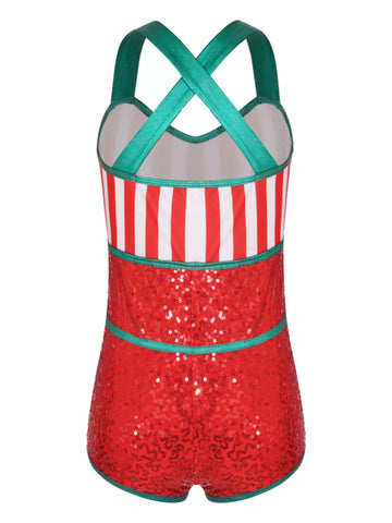 Kids Girls Christmas Sleeveless Cross Back Sequins Stripe Romper