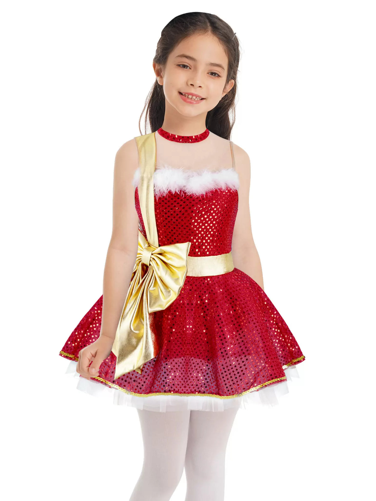 Kids Girls Christmas Sleeveless Big Bowknot Sequins Tutu Dress