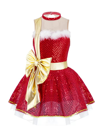 Kids Girls Christmas Sleeveless Big Bowknot Sequins Tutu Dress