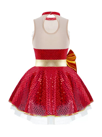 Kids Girls Christmas Sleeveless Big Bowknot Sequins Tutu Dress