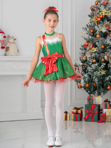 Kids Girls Christmas Sleeveless Big Bowknot Sequins Tutu Dress