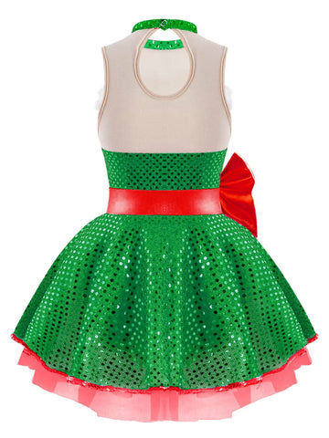 Kids Girls Christmas Sleeveless Big Bowknot Sequins Tutu Dress