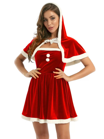 Women Christmas 2pcs Velvet Sleeveless A-line Dress and Hooded Cape