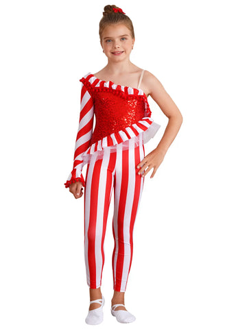 Kids Girls Christmas One Shoulder Sequins Stripe Pompom Jumpsuit