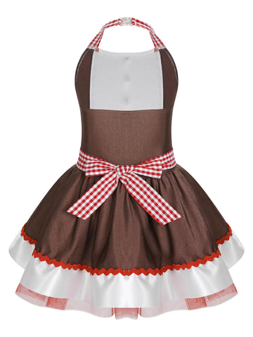 Kids Girls Christmas Gingerbread Halter Neck Apron Tutu Dress