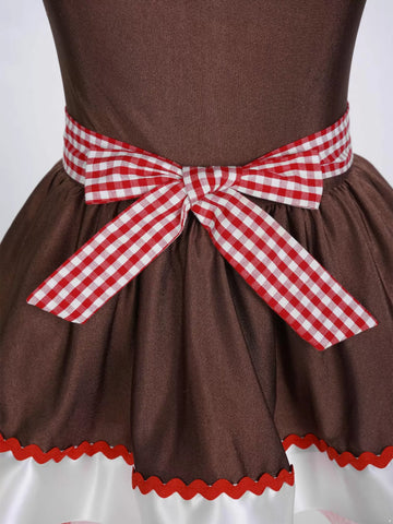 Kids Girls Christmas Gingerbread Halter Neck Apron Tutu Dress