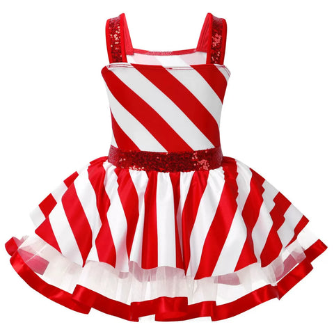 Kids Girls Christmas Sleeveless Sequins Striped Twirling Leotard Dress