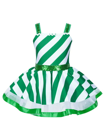 Kids Girls Christmas Sleeveless Sequins Striped Twirling Leotard Dress