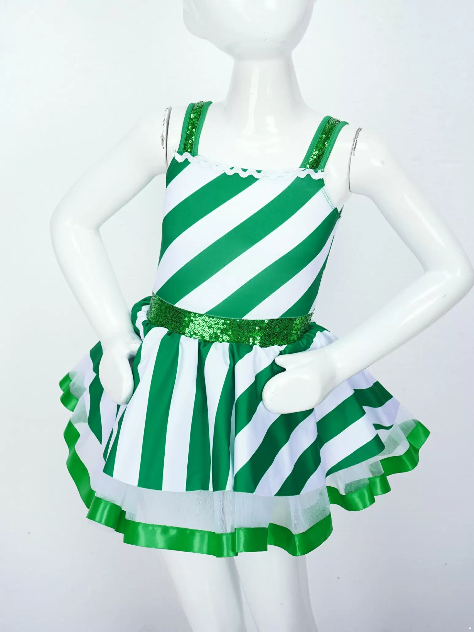 Kids Girls Christmas Sleeveless Sequins Striped Twirling Leotard Dress