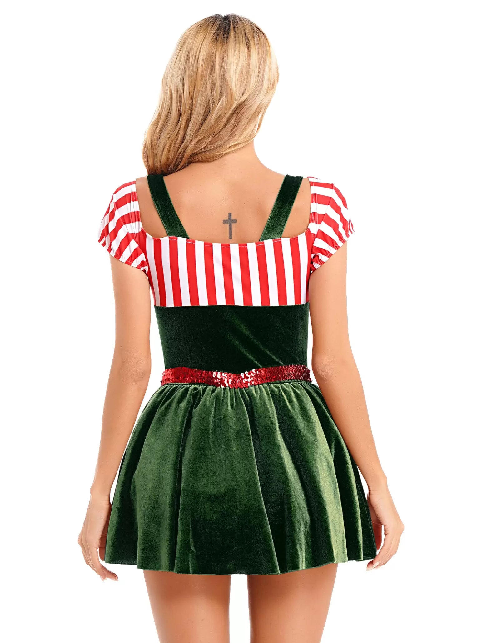 Women Christmas Short Sleeve Stripe Velvet Tutu Dress