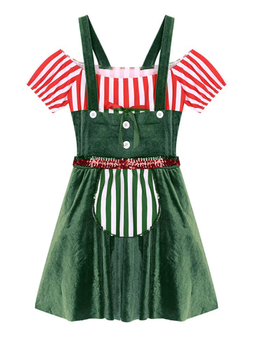 Women Christmas Short Sleeve Stripe Velvet Tutu Dress