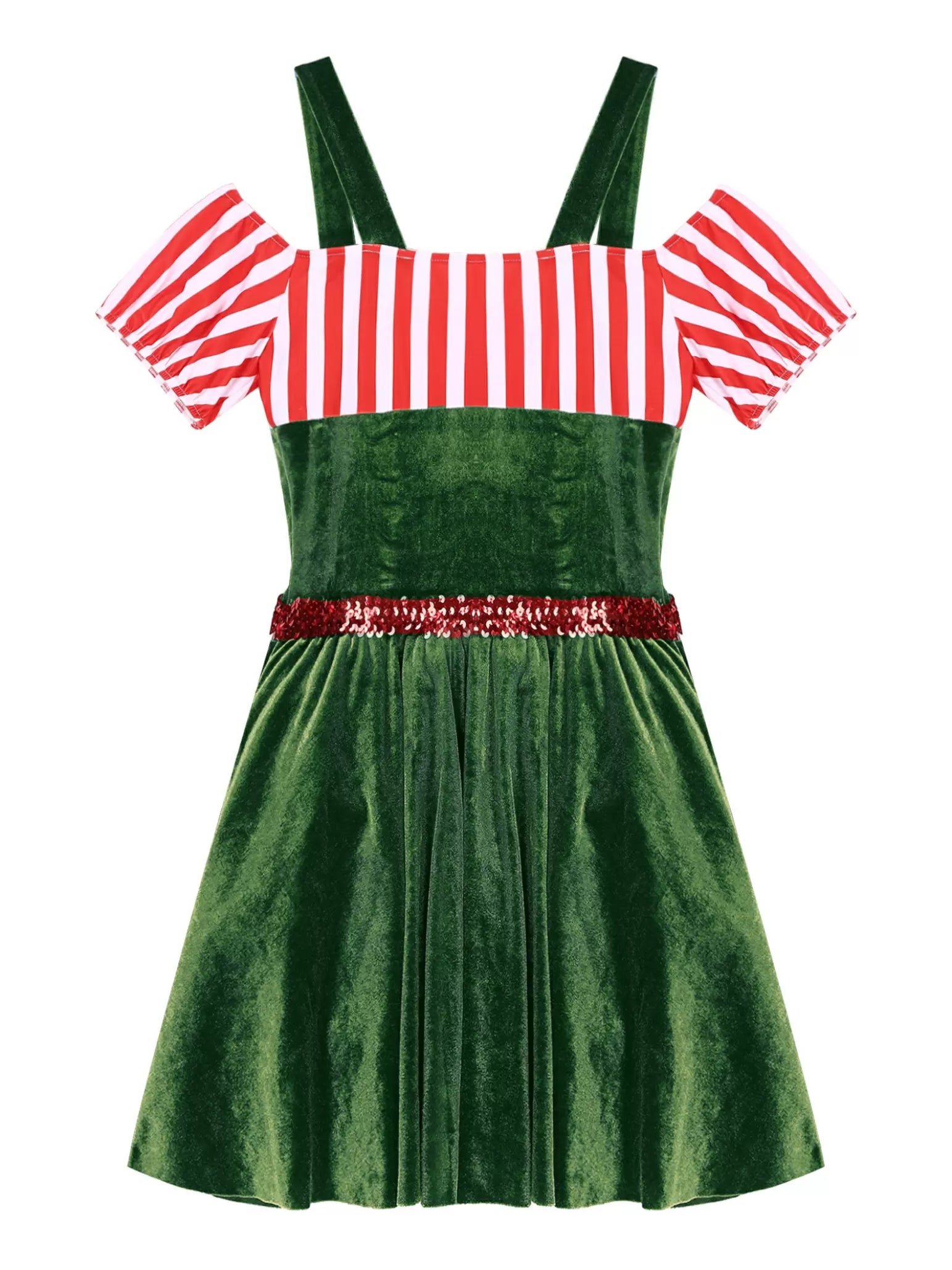 Women Christmas Short Sleeve Stripe Velvet Tutu Dress