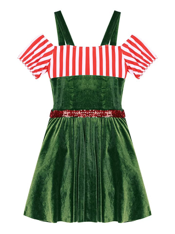 Women Christmas Short Sleeve Stripe Velvet Tutu Dress